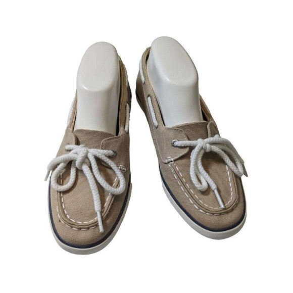Nautica Shoes - Nautica Womens Size 9 Boat Shoes Tan Canvas White Laced Deck Marine Flats Casual